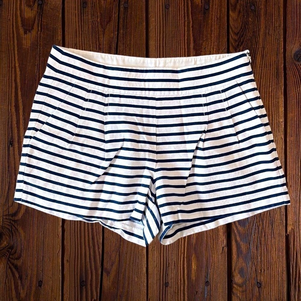 J CREW Nautical High Waisted Sailor Navy Blue White Stripe Side Zip Shorts 2
